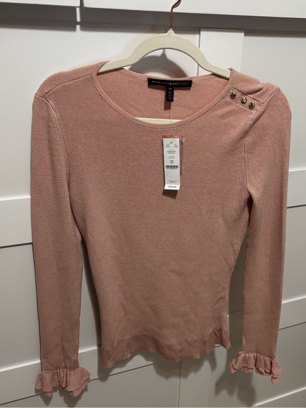 White House black market Pink Ruffle Cuff Button-Shoulder Sweater